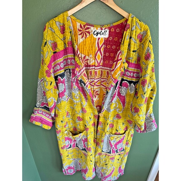 Handmade Jackets & Blazers - Women's Handmade Kantha Jacket Cotton Sari Robe Coat S/M Indian Boho Hippy OOAK